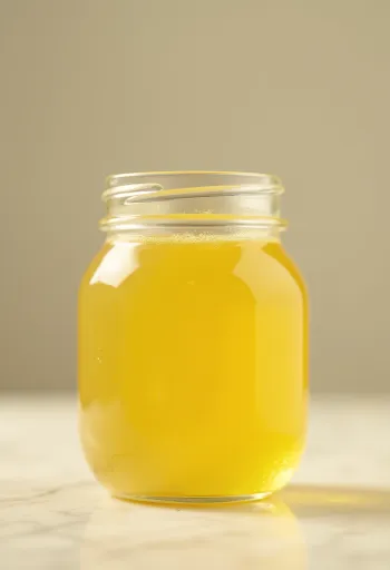 Zlato rumen ghee v steklenem kozarčku z leseno žlico