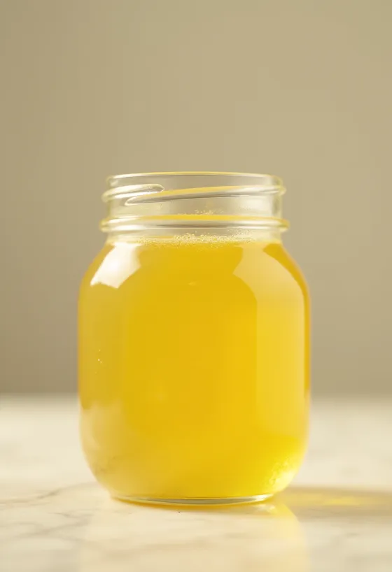 Zlato rumen ghee v steklenem kozarčku z leseno žlico