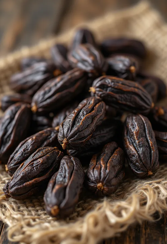 Plod rogača (carob), viden strok in notranji del