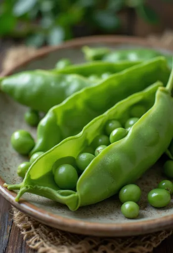 Sveži stroki sladkornega graha, notranji grah je viden v lupini, na rustikalnem lesenem ozadju