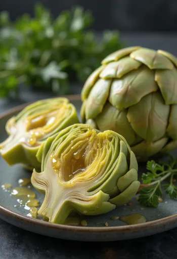 Artičokina srca, fino očiščena, pred rustikalnim lesenim ozadjem