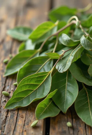 Sušeni lovorovi listi na lesenem kuhinjskem pultu, v naravni obliki