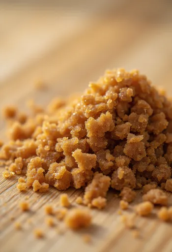 Rjavi sladkor v skledi s kuhalnico, zrnca melase