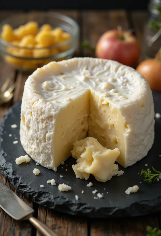 Narezan sir camembert na leseni deski s kremasto sredico