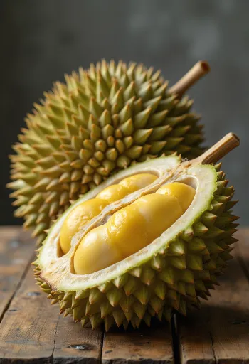 Cel in prerezan sadež durian z bodičasto lupino in kremastim notranjim mesom
