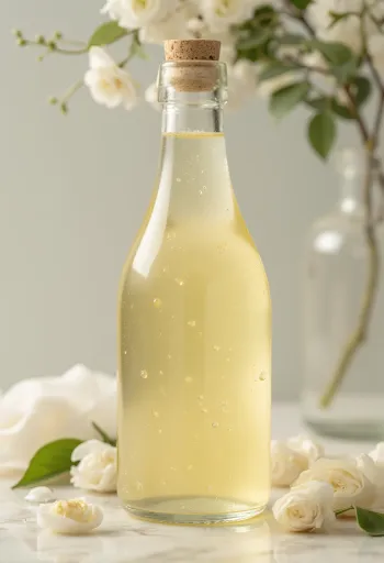 Beli vinski kis v stekleni posodi, ob njem belo grozdje in steklenica