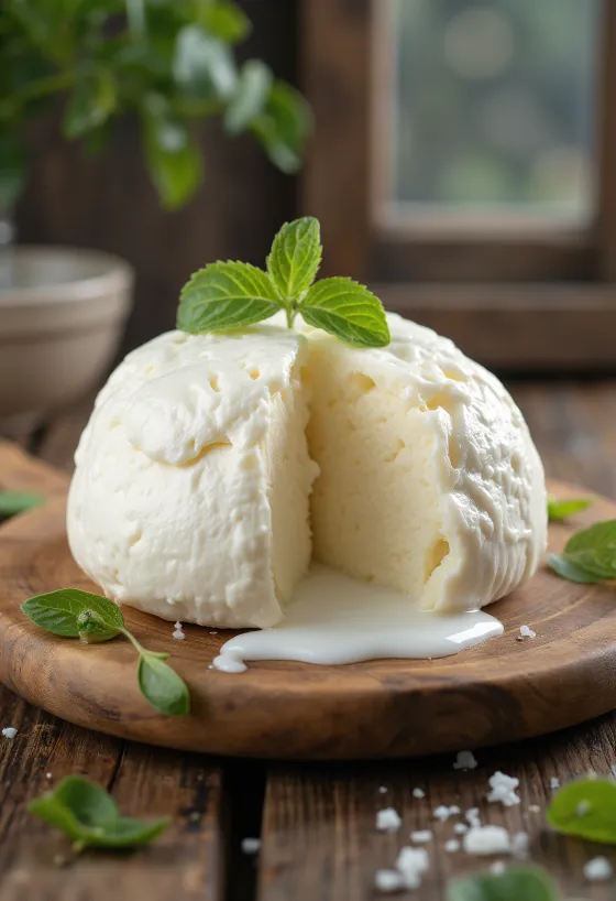 Sveža mocarela iz kravjega mleka v beli keramični skledi na leseni mizi