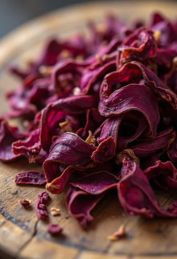Posušeni cvetni listi hibiskusa v skodelici, z leseno žlico, raztreseni na kuhinjski površini