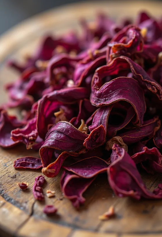 Posušeni cvetni listi hibiskusa v skodelici, z leseno žlico, raztreseni na kuhinjski površini