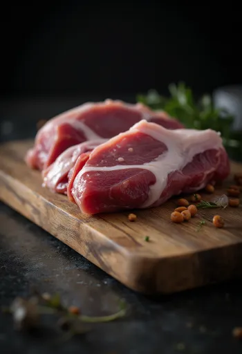 Sveži kosi račjega mesa z začimbami na rustikalni leseni površini