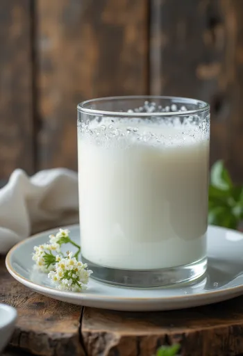 Bel, kremast kefir v skledi na rustikalni leseni mizi