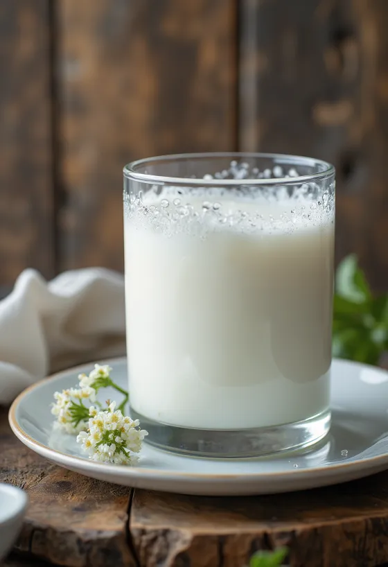 Bel, kremast kefir v skledi na rustikalni leseni mizi