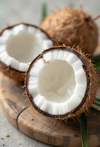 Cel in prerezan kokosov oreh z belim mesom, kokosovo vodo in ostružki na leseni površini