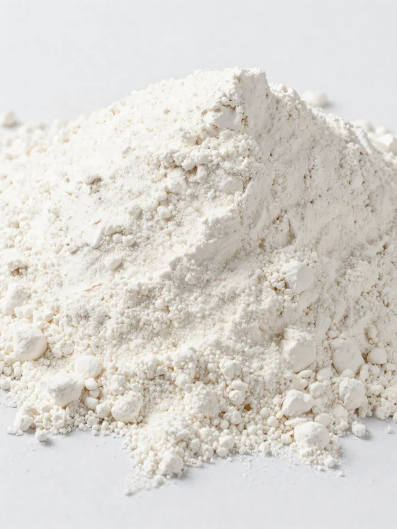 Kokosova moka v keramični skledi, fin prah svetle barve na leseni površini