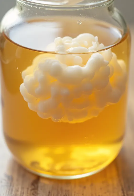 Sestavine za osnovo kombuče: SCOBY, črni čaj, sladkor in kozarec za fermentacijo na leseni površini