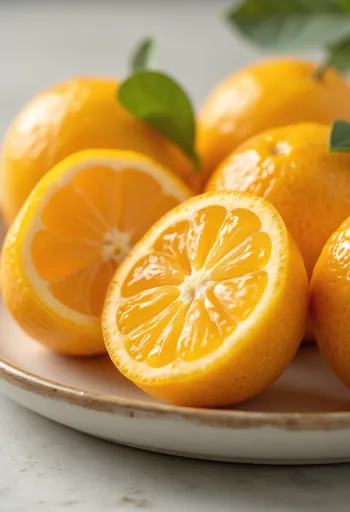 Celi in narezani sadeži kumkvata z oranžno lupino in segmenti na leseni površini