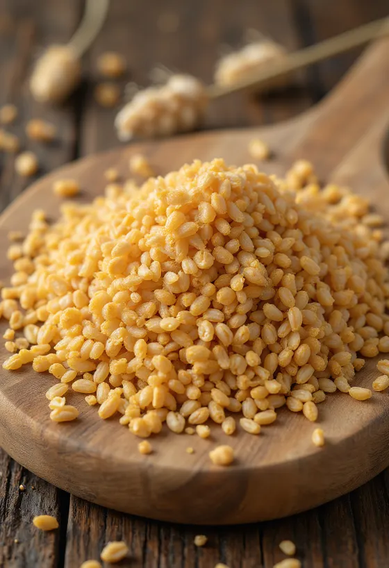 Slad kot sestavina: slajeni ječmen in mleti slad v prahu v leseni skledi in raztresen po kuhinjski površini