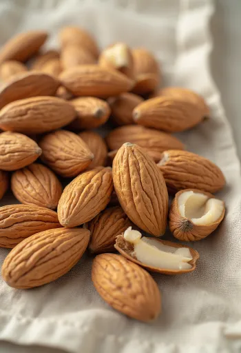 Oluščeni mandlji, celi in prerezani, v skledi in raztreseni