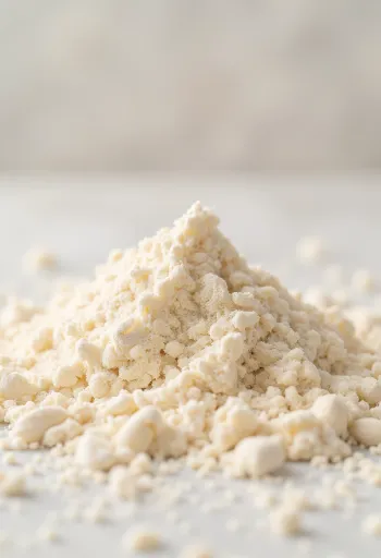 Mandljeva moka v keramični skledi, svetlo bež barve, fine teksture