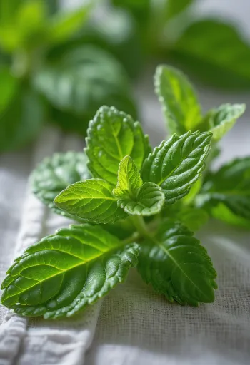 Nasekljani listi mete v keramični skledi, obdani s svežimi listi