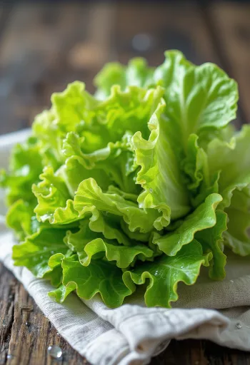 Sveža solata batavija, z nakodranimi zelenimi listi in rdečimi odtenki na rezalni deski