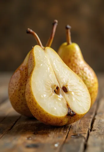 Rezine hruške bosc in celi sadeži na rezalni deski