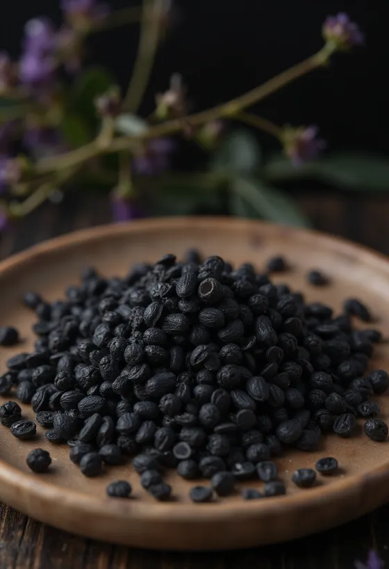 Posušena črna gorčična semena raztresena po leseni površini