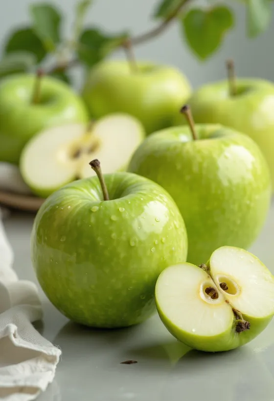 Sveža jabolka Granny Smith in rezine na rezalni deski
