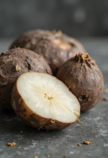 Narezan jam (yam root) na rezalni deski, obdan s svežo korenasto zelenjavo