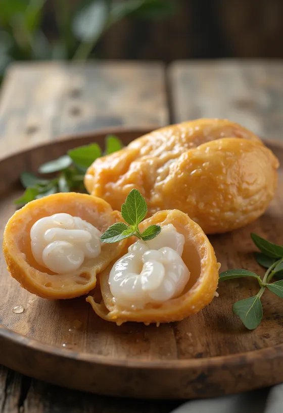 Olupljeni krhlji sadeža langsat na deski