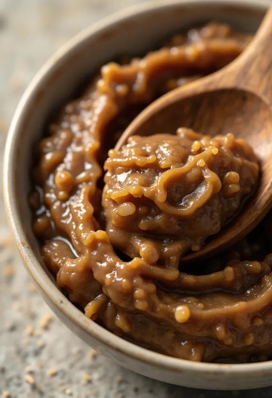 Miso pasta v majhnem kozarčku, bogate rjave barve, obdana s sojinimi zrni, suhimi algami in rižem