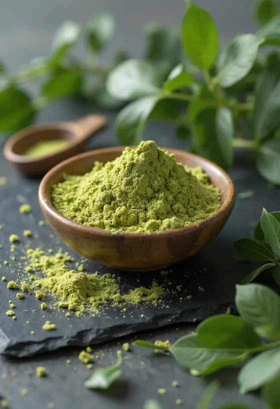 Moringa v prahu v majhnem kozarčku, bogate zelene barve, okoli njega sveži listi moringe