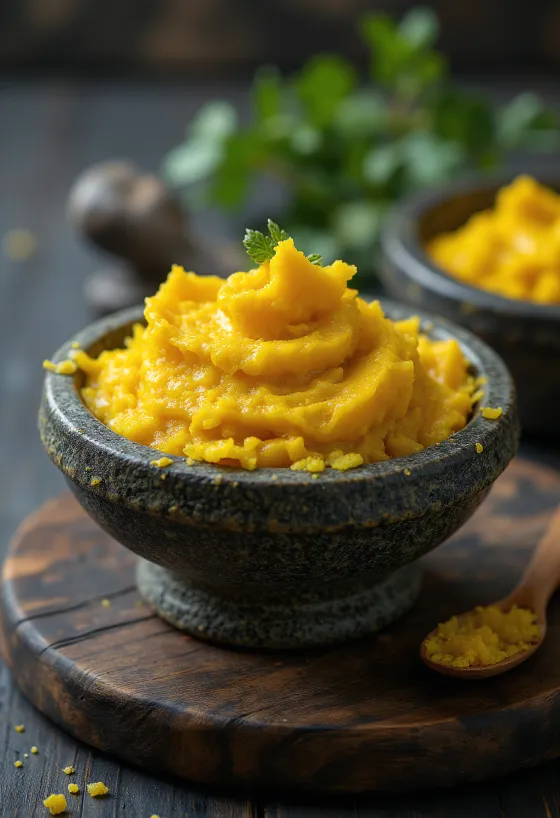 Rumena curry pasta v majhnem kozarcu, bogate rumene barve, okoli nje začimbe, kot so kurkuma, kumina in koriander