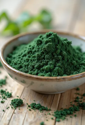 Spirulina v prahu v majhnem kozarčku, bogate zelene barve, obkrožena s tabletami spiruline
