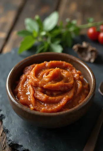 Rdeča curry pasta v majhnem kozarcu, bogate rdeče barve, obkrožena z začimbami, kot so sušen rdeči čili, česen in šalotka