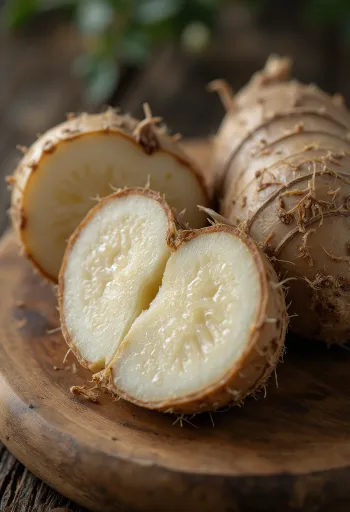 Slika korenine achira, narezane rezine na deski za rezanje