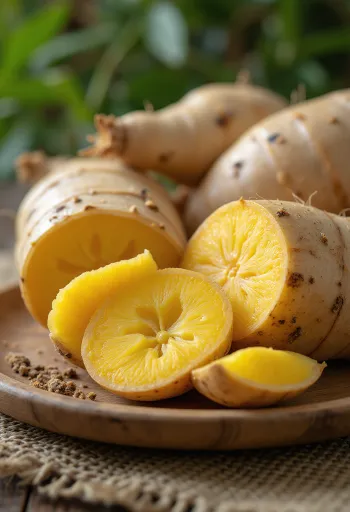 Slika korenine arracacha, narezane rezine na deski za rezanje