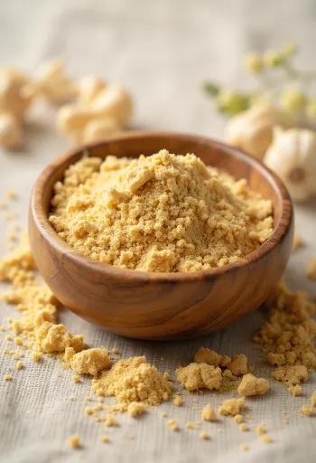 Ashwagandha v prahu v majhnem kozarcu, zemeljsko rjave barve, obdana s svežimi koreninami ashwagandhe