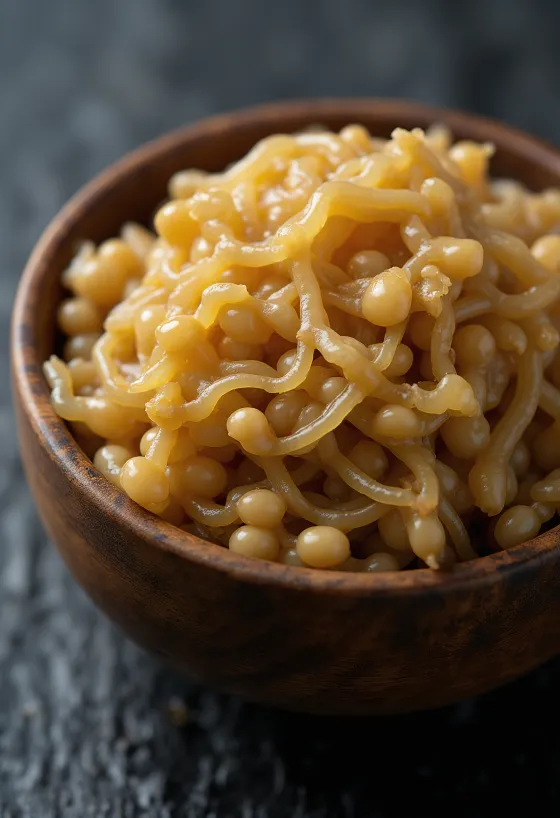 Natto fermentirana sojina zrna v skledi, z lepljivo teksturo, z leseno žlico