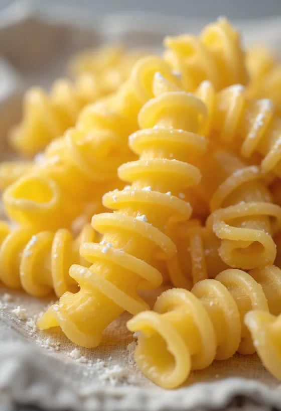 Suhe testenine svedri (fusilli), raztresene v spiralni obliki na leseni površini