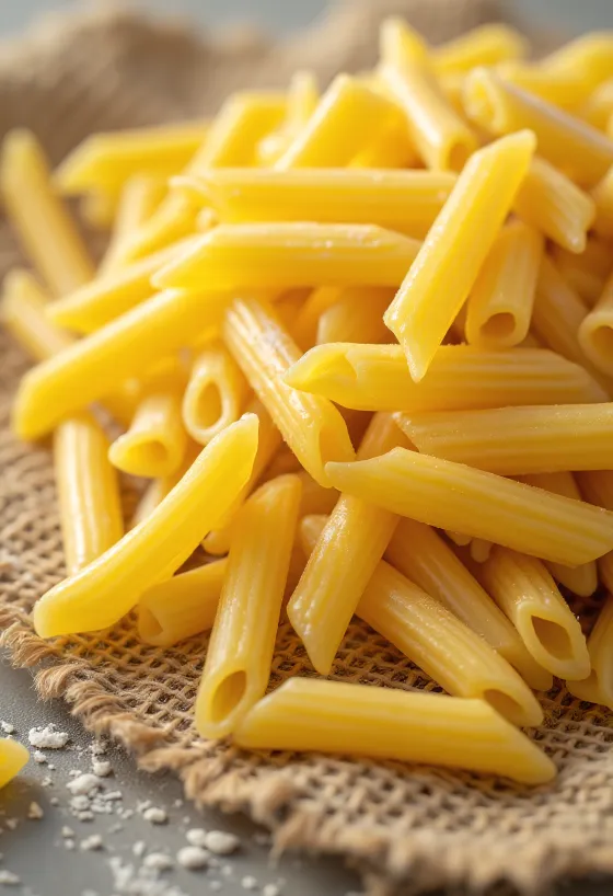 Suhe testenine penne z rebrasto površino na lesenem ozadju