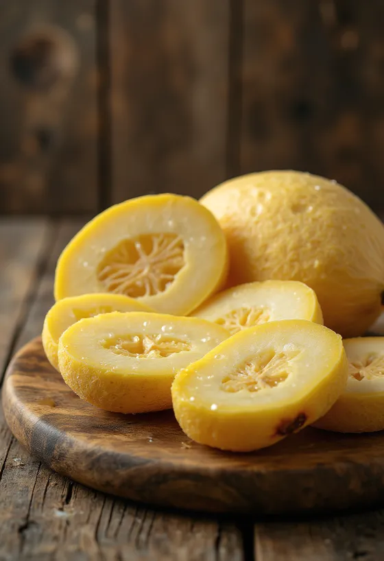 Narezan plantan v zreli in nezreli obliki, postrežen na deski za rezanje