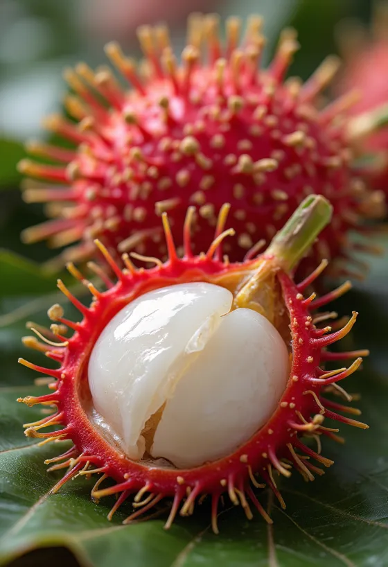 Cel in razpolovljen sadež rambutan z rdečo, dlakavo lupino in belim mesom