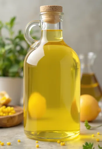 Repično olje v steklenici in skodelici na svetlem ozadju