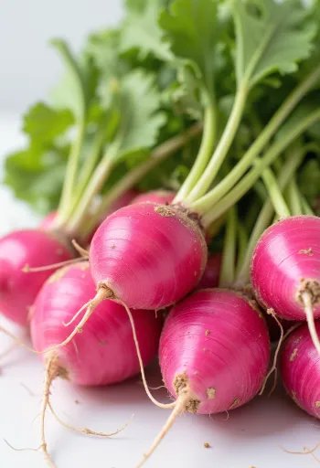 Sveža rdeča redkvica z zelenimi listi na deski, tudi narezana