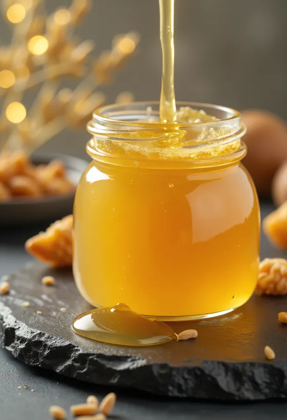 Svetlo zlat rižev sirup v steklenici, zraven kuhalnica