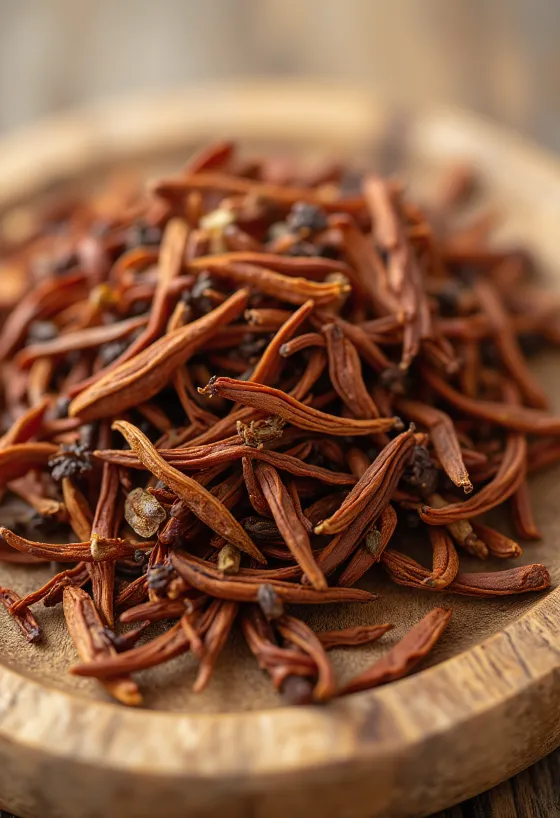 Rooibos čaj v razsutem stanju, v obliki rdečkastih lističev, v skledi in raztresen po kuhinjski površini