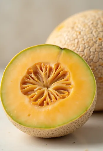 Melona narezana na rezine z oranžnim mesom in semeni na leseni površini