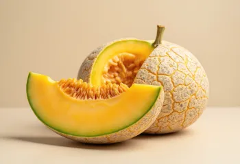 Melona narezana na rezine z oranžnim mesom in semeni na leseni površini