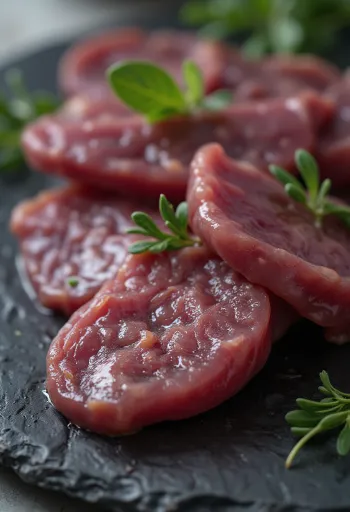 Narezana sveža svinjska jetra na leseni deski, temno rdeči fileji